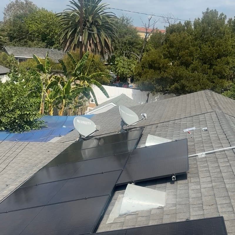 Solar panels on roof with palm trees in background
